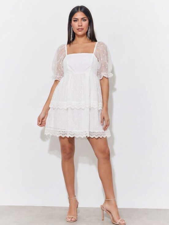 English Factory Dresses & Skirts - English Factory White Swiss Dot Puff-Sleeve Tierd Eyelet Mini Dress. Sz XS LWD